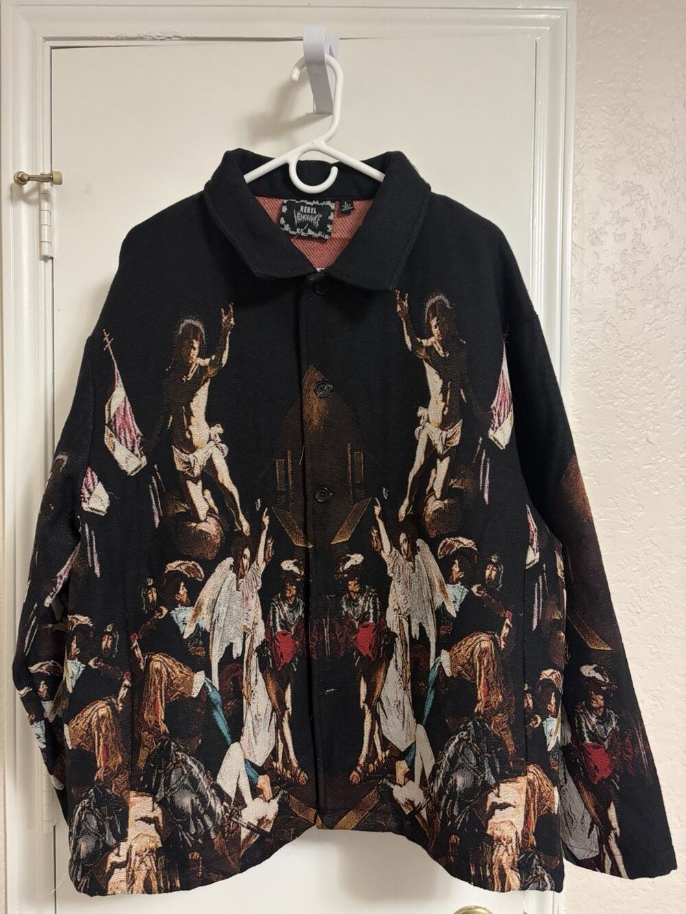 Rebel Vengeance AOP Tapestry Shirt Jacket Mens Artsy L Fall Of The Angels NWT